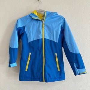 Lands' End Kids 7/8 Squall Jacket Shell Blue Yellow Hooded Full Zip Insulated